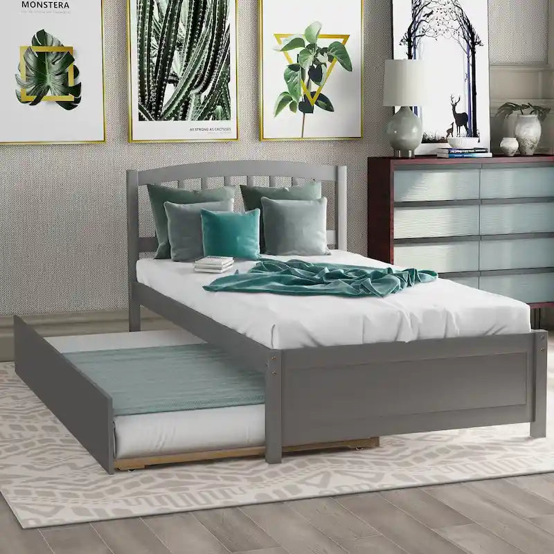 Letto a piattaforma in legno grigio, una piazza e mezza, con letto estraibile