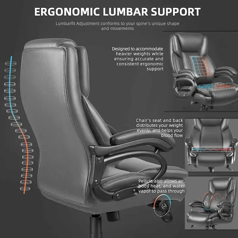 Sedia da ufficio direzionale Big & Tall, 500 libbre, sedia ergonomica con supporto lombare regolabile, schienale alto in pelle PU per computer