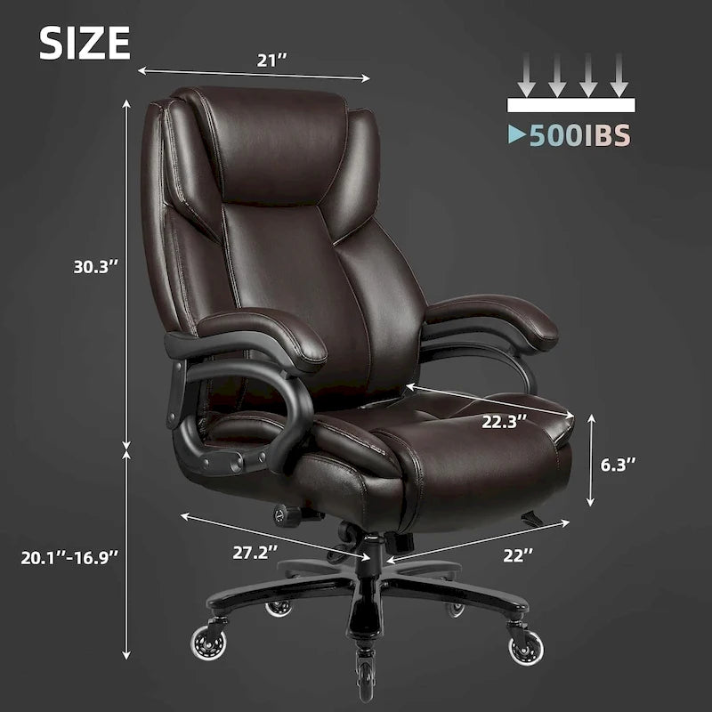 Sedia da ufficio direzionale Big & Tall, 500 libbre, sedia ergonomica con supporto lombare regolabile, schienale alto in pelle PU per computer