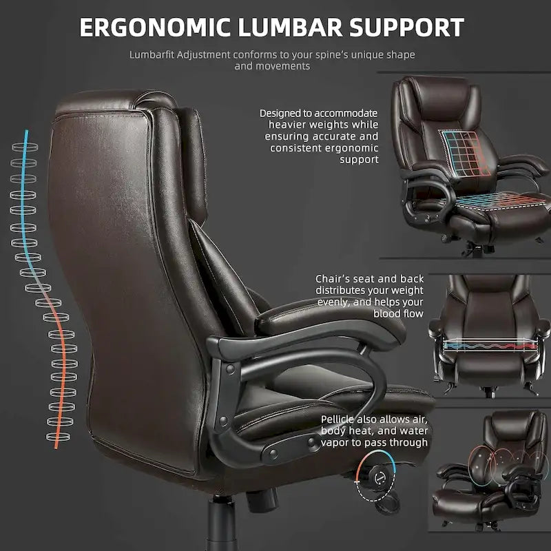 Sedia da ufficio direzionale Big & Tall, 500 libbre, sedia ergonomica con supporto lombare regolabile, schienale alto in pelle PU per computer