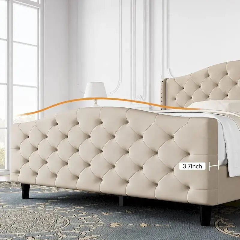 Struttura Letto, Testiera Imbottita con Bottoni Capitonnè e Lati ad Ala, Nessuna Rete a Molle Necessaria, Carico Fino a 360 kg