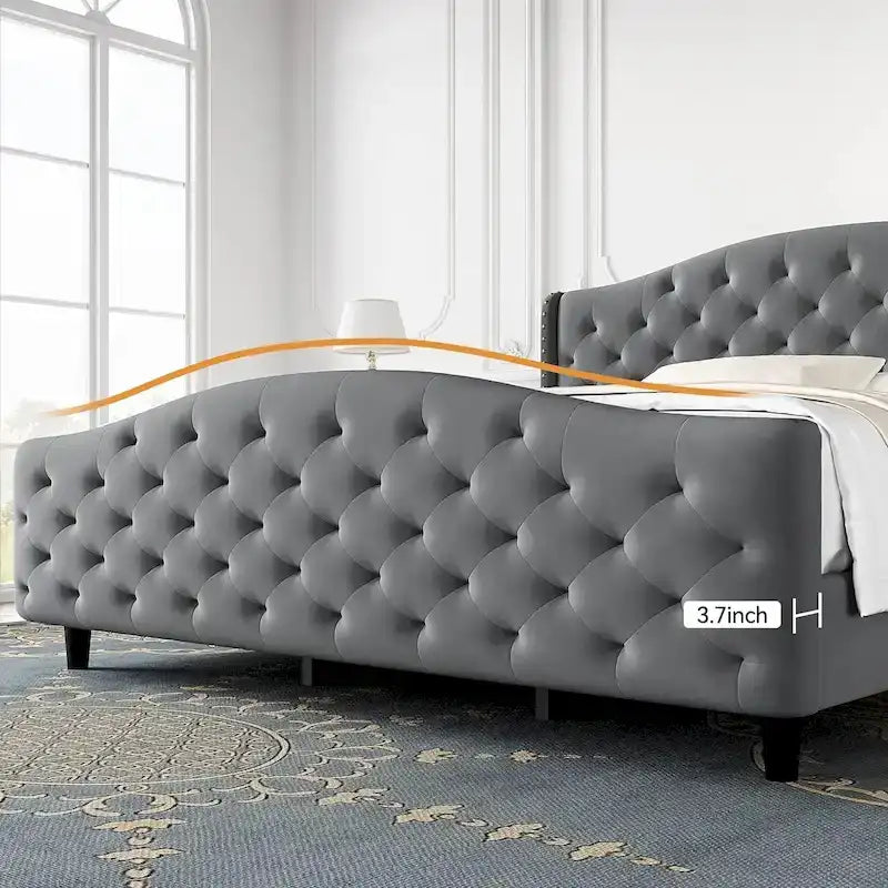 Struttura Letto, Testiera Imbottita con Bottoni Capitonnè e Lati ad Ala, Nessuna Rete a Molle Necessaria, Carico Fino a 360 kg