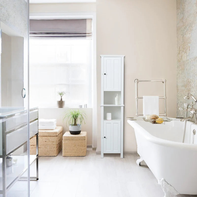 Mobile alto da bagno in MDF bianco, 170 cm, con torre per la biancheria