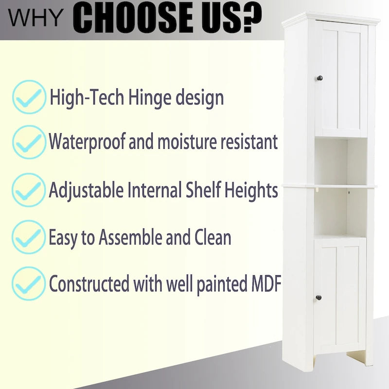 Mobile alto da bagno in MDF bianco, 170 cm, con torre per la biancheria
