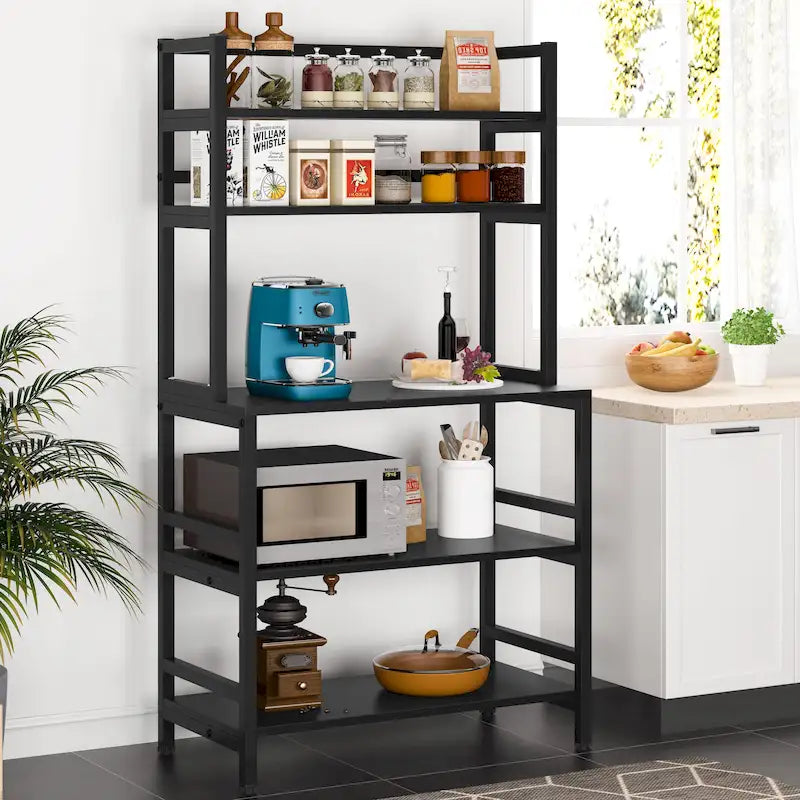 Scaffale per panettiere da cucina marrone/nero, supporto industriale per microonde, scaffale portaoggetti multiuso a 5 livelli bianco, supporto da cucina con credenza