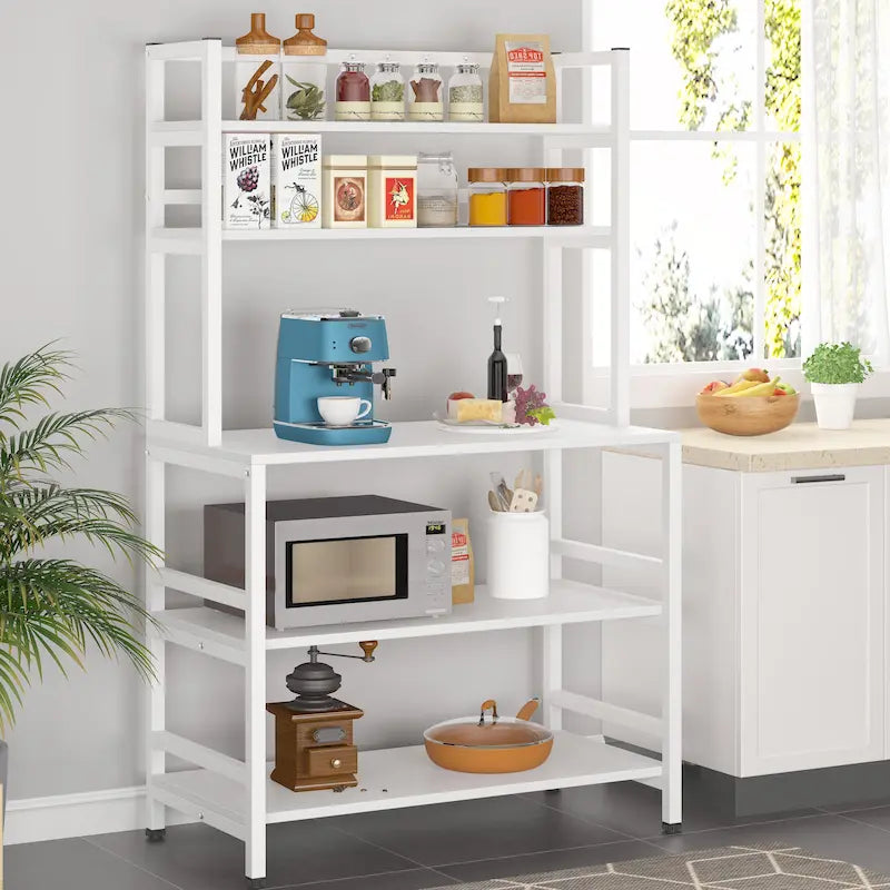 Scaffale per panettiere da cucina marrone/nero, supporto industriale per microonde, scaffale portaoggetti multiuso a 5 livelli bianco, supporto da cucina con credenza