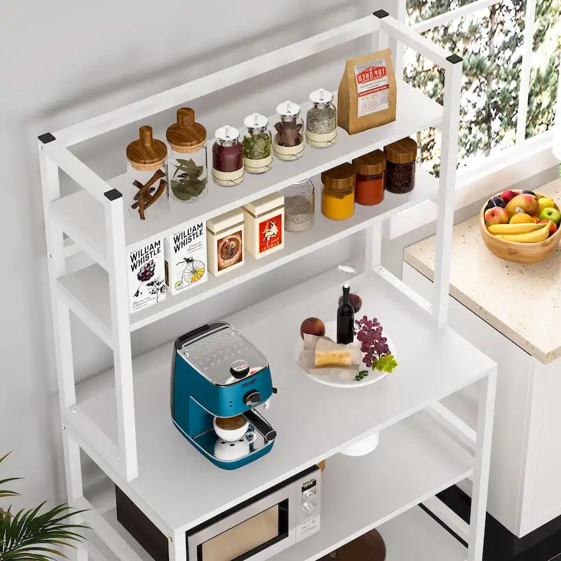 Scaffale per panettiere da cucina marrone/nero, supporto industriale per microonde, scaffale portaoggetti multiuso a 5 livelli bianco, supporto da cucina con credenza