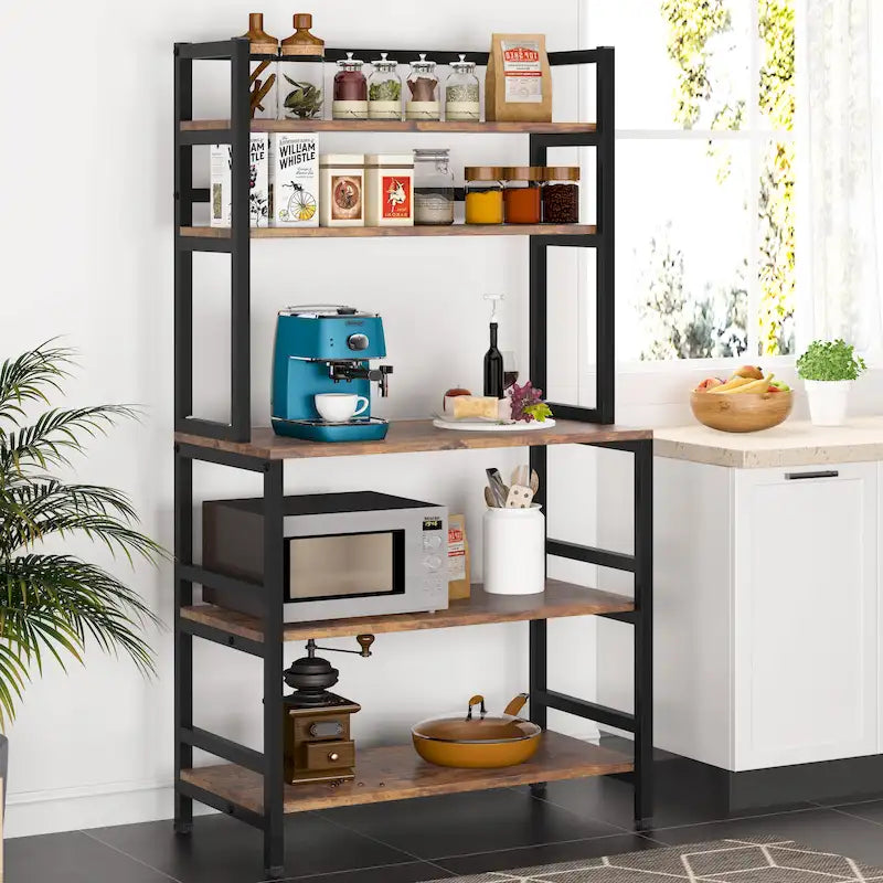 Scaffale per panettiere da cucina marrone/nero, supporto industriale per microonde, scaffale portaoggetti multiuso a 5 livelli bianco, supporto da cucina con credenza