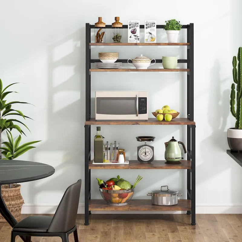 Scaffale per panettiere da cucina marrone/nero, supporto industriale per microonde, scaffale portaoggetti multiuso a 5 livelli bianco, supporto da cucina con credenza
