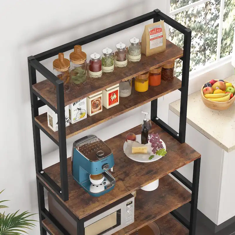 Scaffale per panettiere da cucina marrone/nero, supporto industriale per microonde, scaffale portaoggetti multiuso a 5 livelli bianco, supporto da cucina con credenza