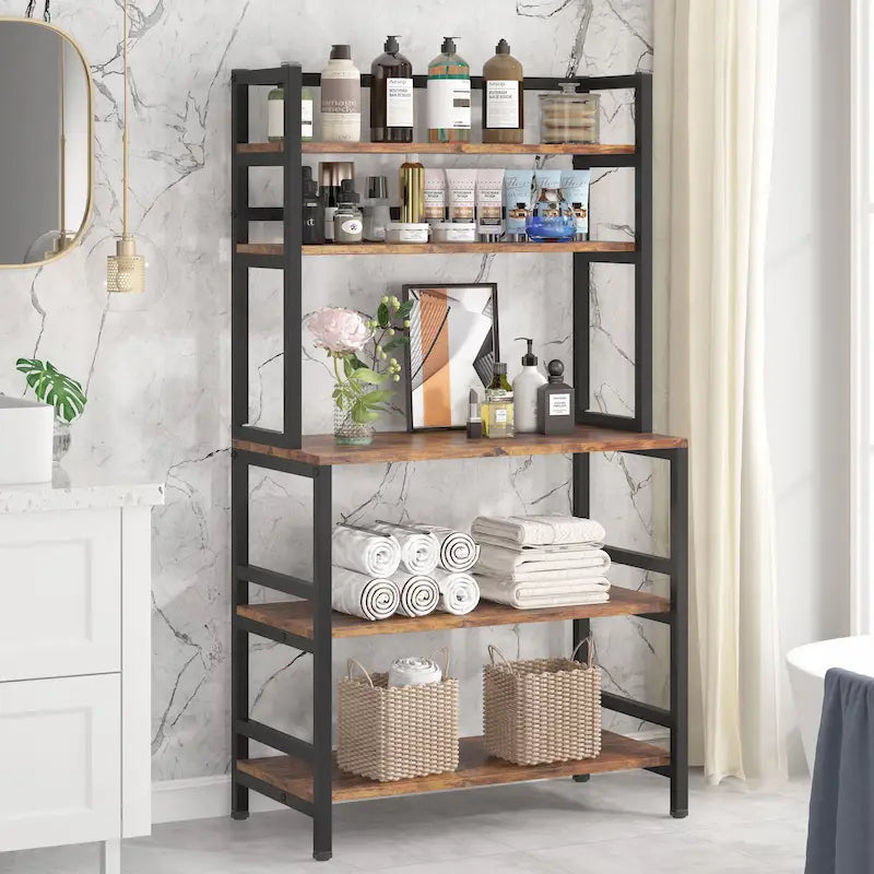 Scaffale per panettiere da cucina marrone/nero, supporto industriale per microonde, scaffale portaoggetti multiuso a 5 livelli bianco, supporto da cucina con credenza