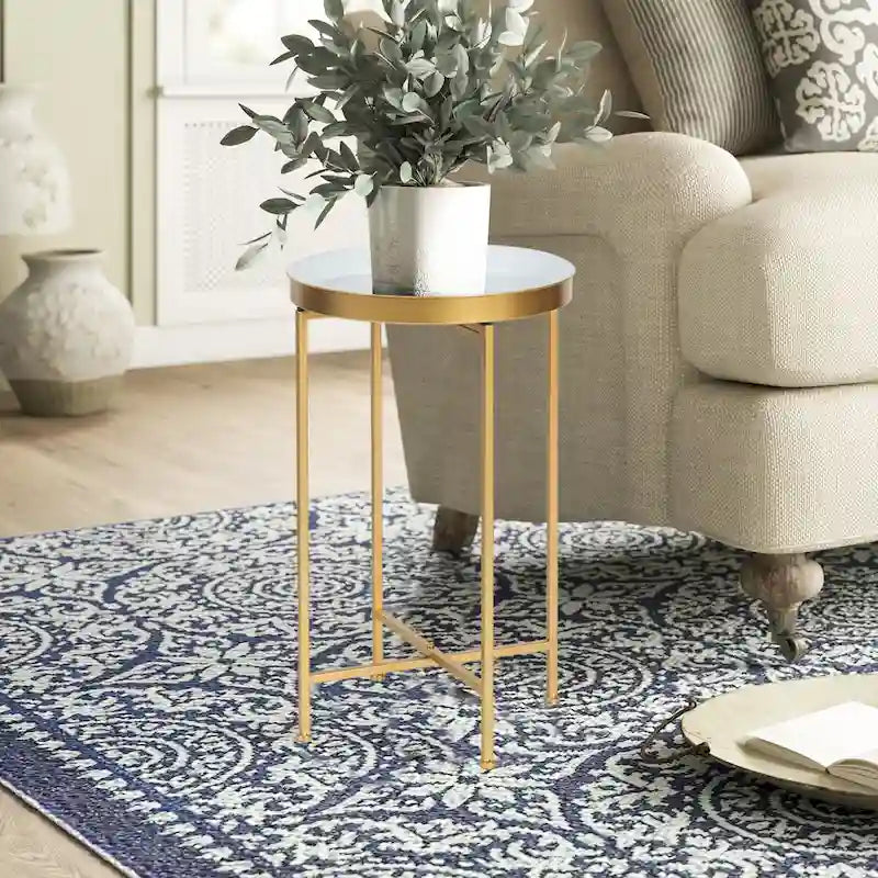 Round End Table Gold Metal Side Nightstand Accent Coffee Tables - 15(D)x 15(W)x 25.7(H)