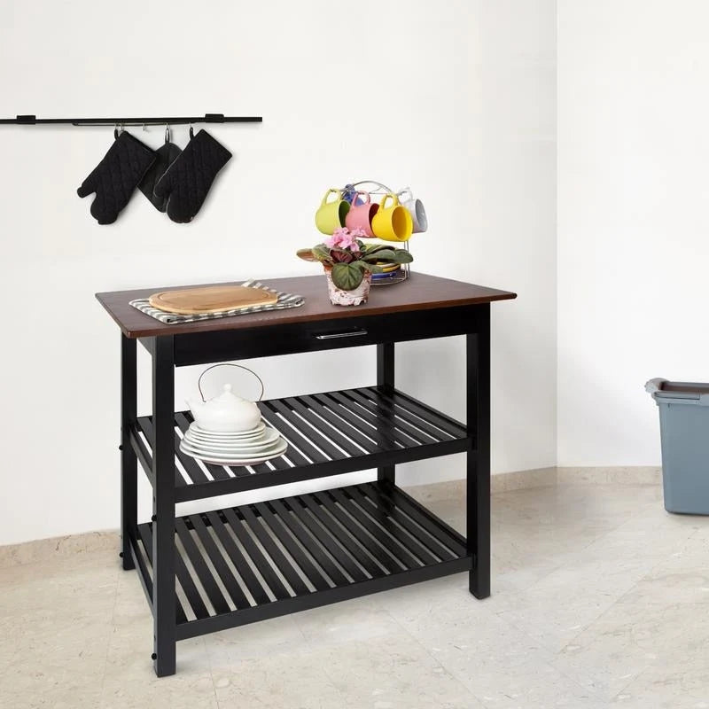 Isola da cucina a 2 ripiani con piano in legno massello naturale - N/D