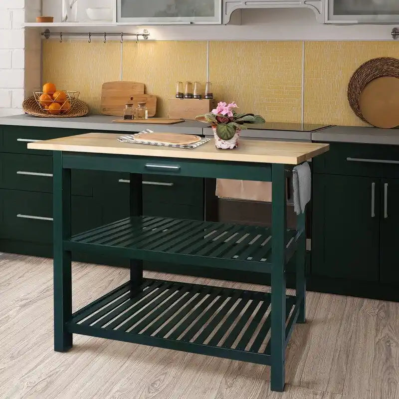 Isola da cucina a 2 ripiani con piano in legno massello naturale - N/D