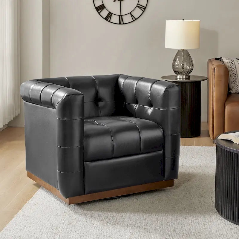 Poltrona Club Girevole Tufted in Vera Pelle Stile Mid-Century Moderno con Base in Legno