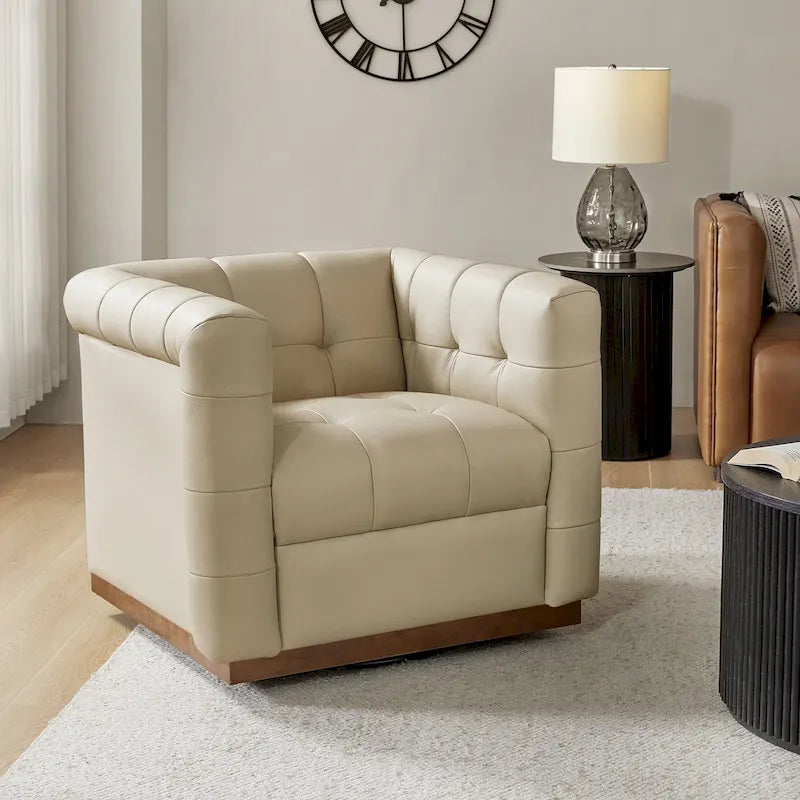 Poltrona Club Girevole Tufted in Vera Pelle Stile Mid-Century Moderno con Base in Legno