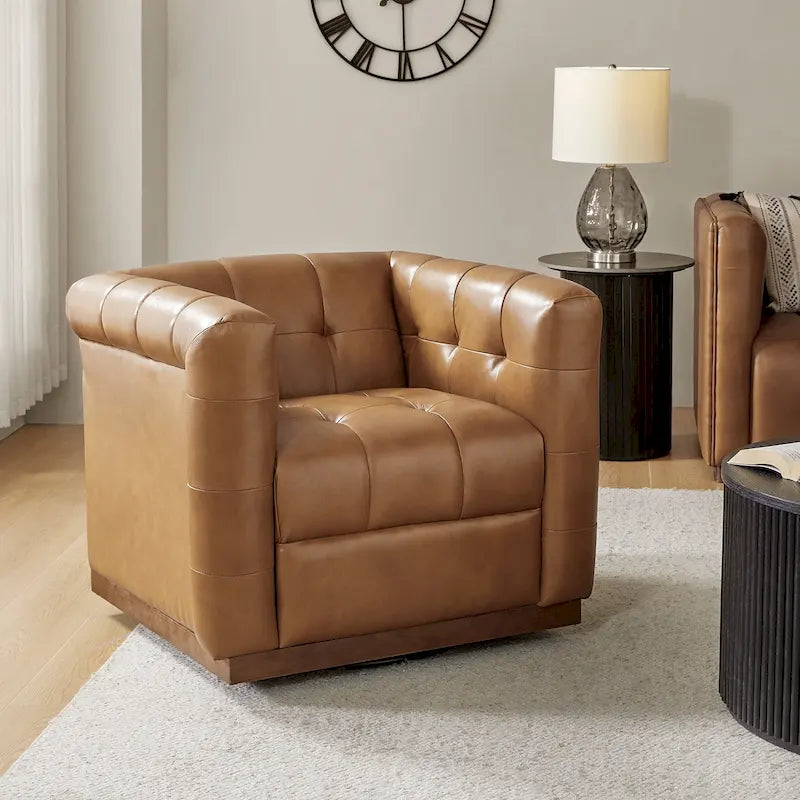 JeremiasMid-certury Modern GenuineLeatherTufted SwivelClubChair with Wooden Apron by 