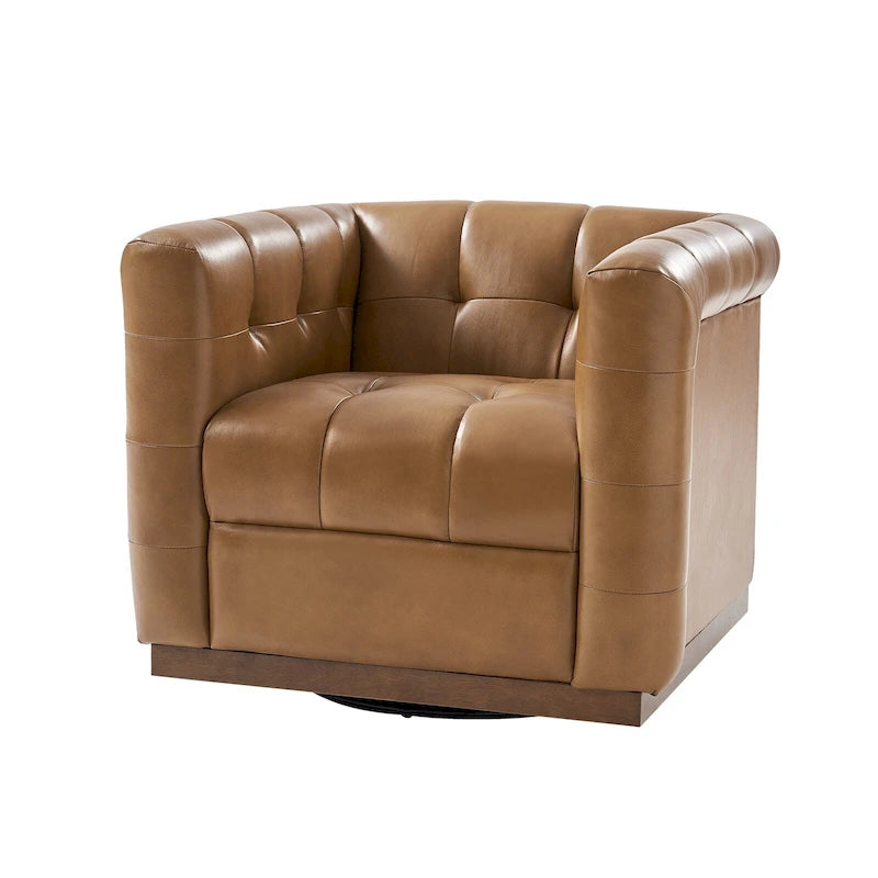 Poltrona Club Girevole Tufted in Vera Pelle Stile Mid-Century Moderno con Base in Legno