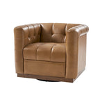 Poltrona Club Girevole Tufted in Vera Pelle Stile Mid-Century Moderno con Base in Legno