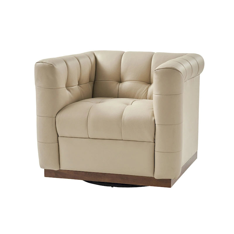 Poltrona Club Girevole Tufted in Vera Pelle Stile Mid-Century Moderno con Base in Legno