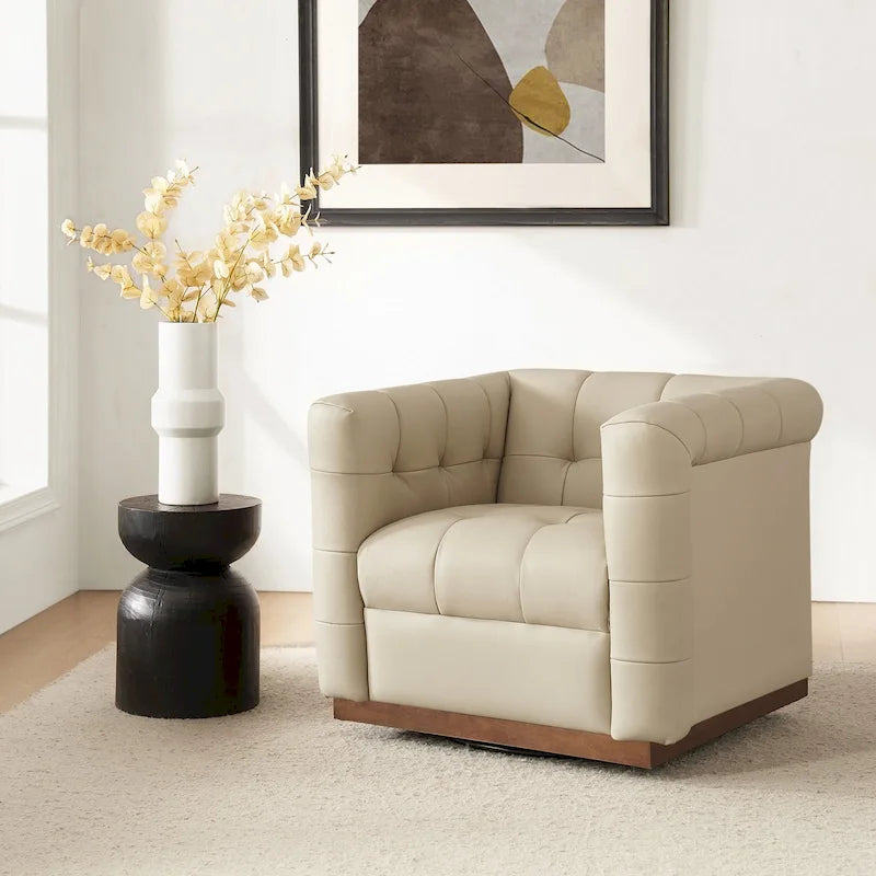 Poltrona Club Girevole Tufted in Vera Pelle Stile Mid-Century Moderno con Base in Legno
