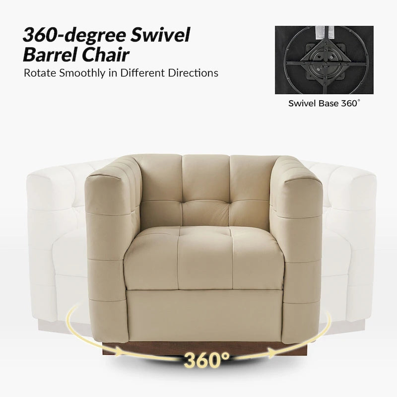 Poltrona Club Girevole Tufted in Vera Pelle Stile Mid-Century Moderno con Base in Legno