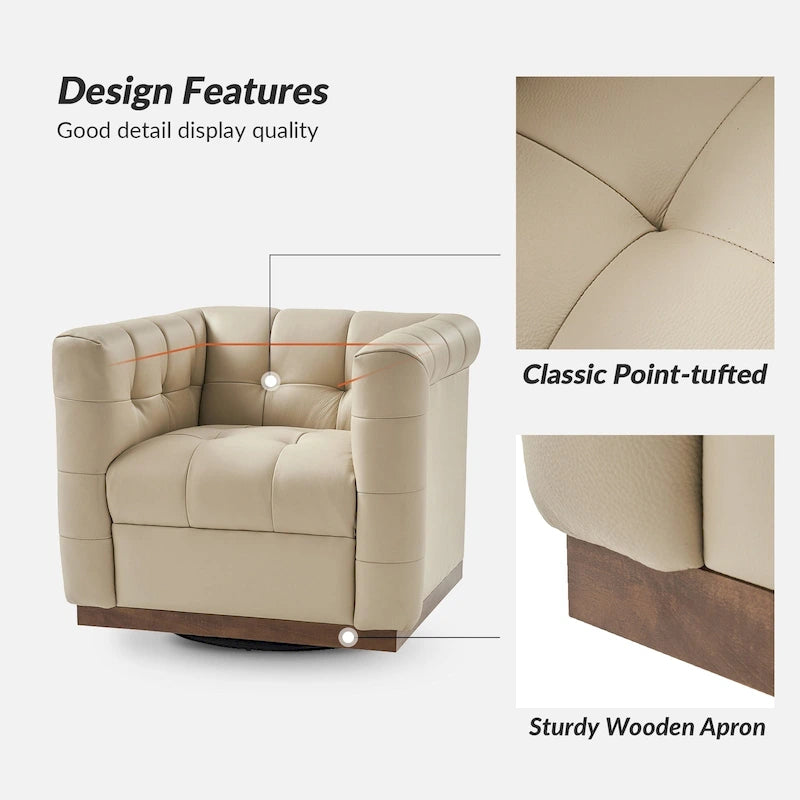 Poltrona Club Girevole Tufted in Vera Pelle Stile Mid-Century Moderno con Base in Legno