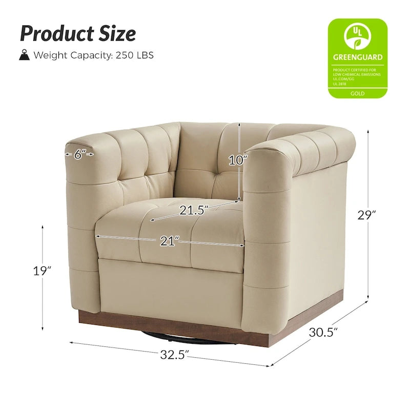 Poltrona Club Girevole Tufted in Vera Pelle Stile Mid-Century Moderno con Base in Legno