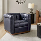 Poltrona Club Girevole Tufted in Vera Pelle Stile Mid-Century Moderno con Base in Legno