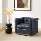 Poltrona Club Girevole Tufted in Vera Pelle Stile Mid-Century Moderno con Base in Legno