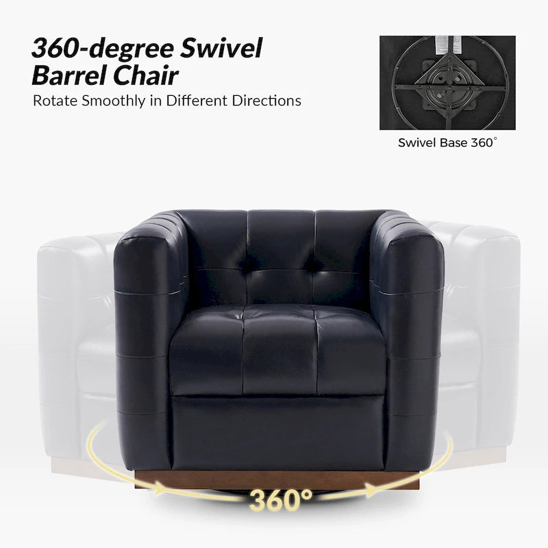 Poltrona Club Girevole Tufted in Vera Pelle Stile Mid-Century Moderno con Base in Legno