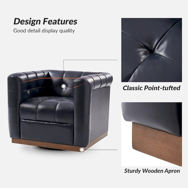 Poltrona Club Girevole Tufted in Vera Pelle Stile Mid-Century Moderno con Base in Legno