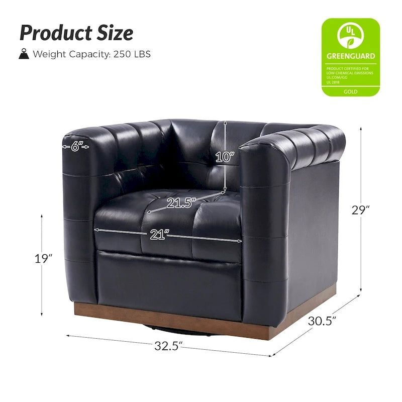 Poltrona Club Girevole Tufted in Vera Pelle Stile Mid-Century Moderno con Base in Legno