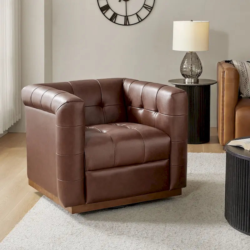 Poltrona Club Girevole Tufted in Vera Pelle Stile Mid-Century Moderno con Base in Legno