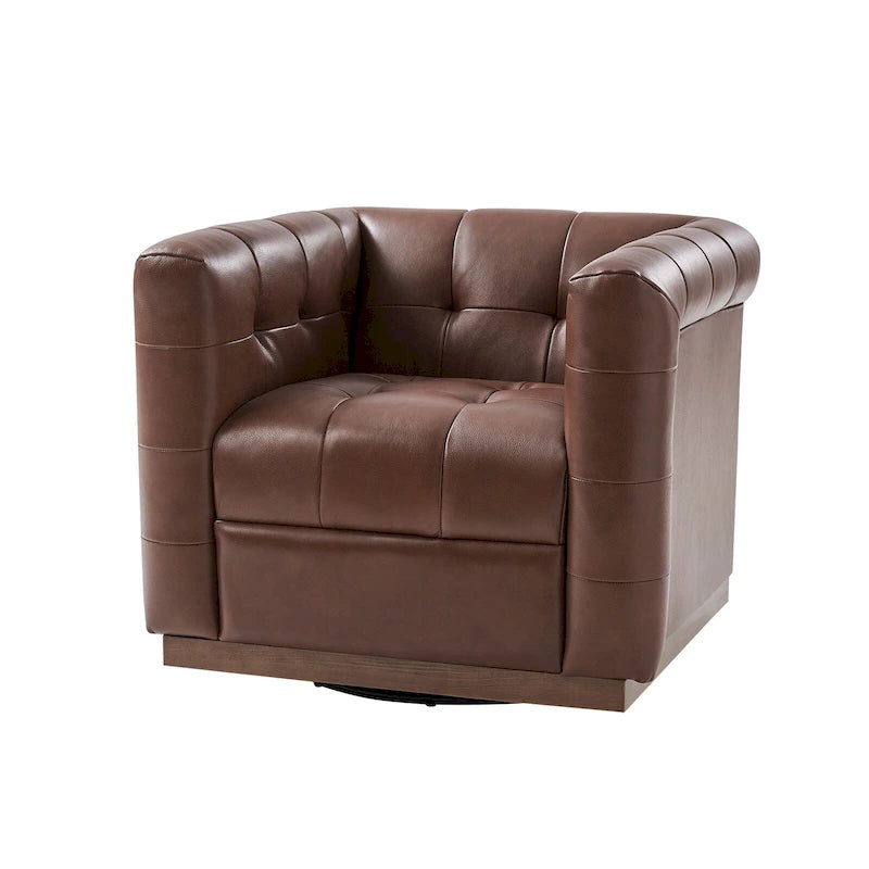 Poltrona Club Girevole Tufted in Vera Pelle Stile Mid-Century Moderno con Base in Legno