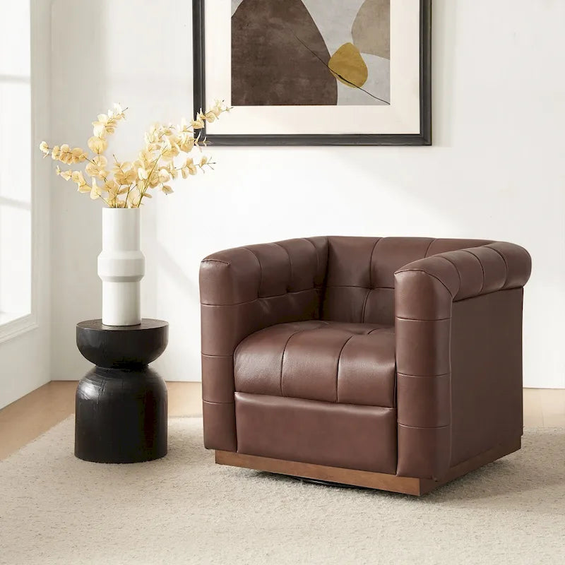 Poltrona Club Girevole Tufted in Vera Pelle Stile Mid-Century Moderno con Base in Legno