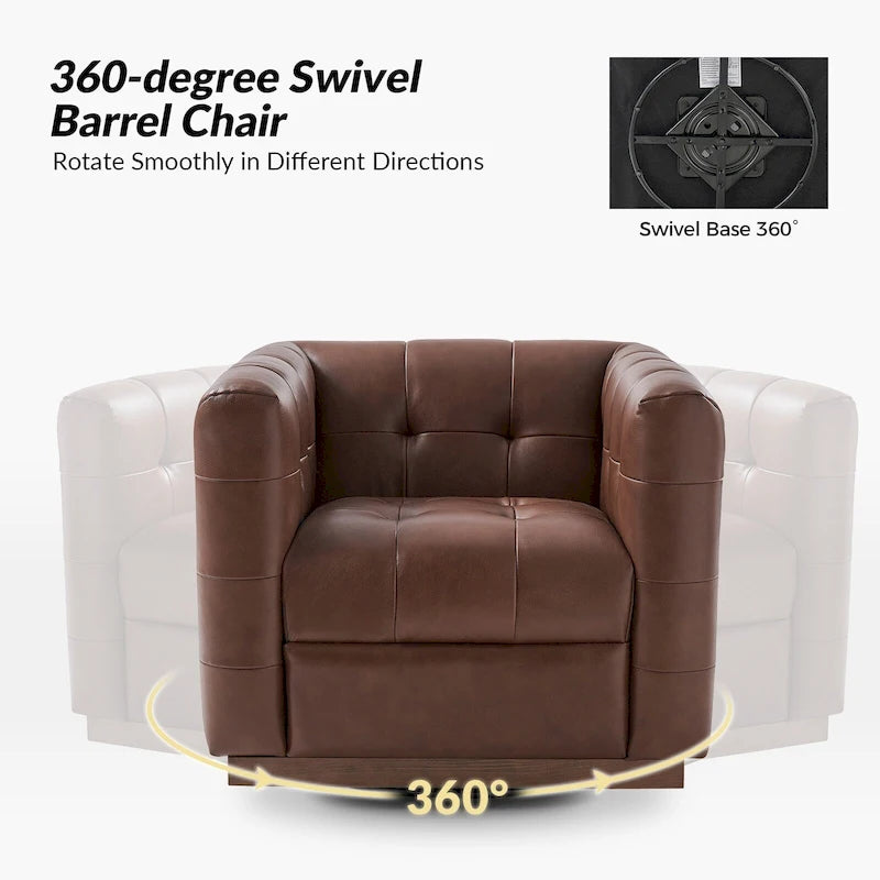 Poltrona Club Girevole Tufted in Vera Pelle Stile Mid-Century Moderno con Base in Legno