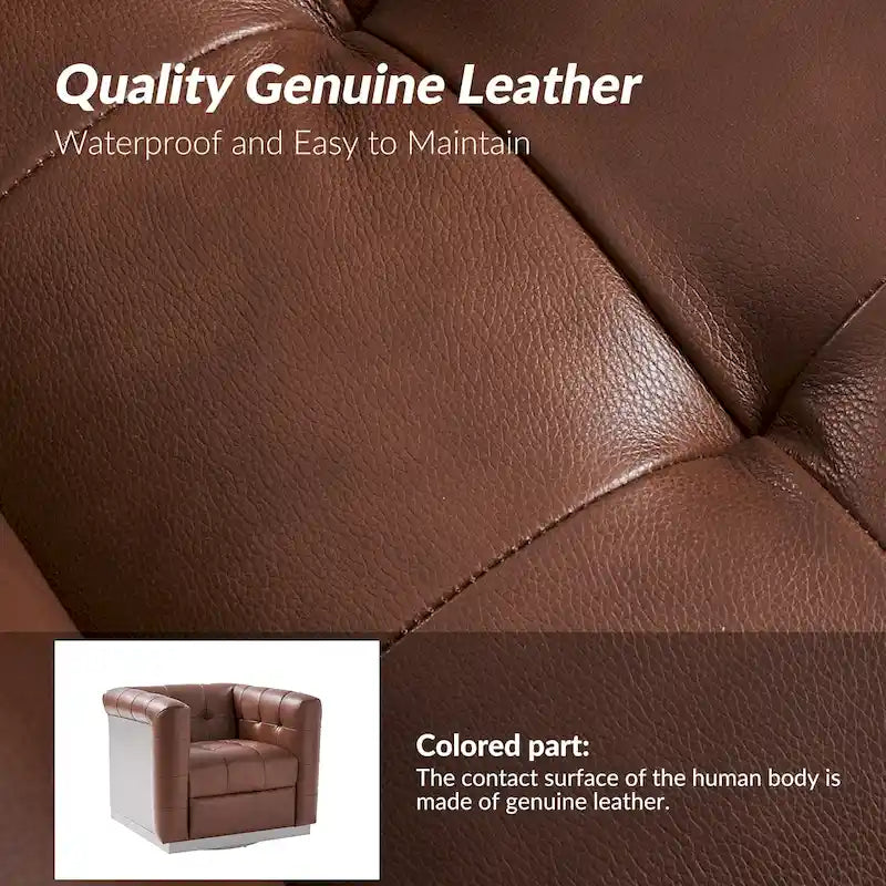Poltrona Club Girevole Tufted in Vera Pelle Stile Mid-Century Moderno con Base in Legno