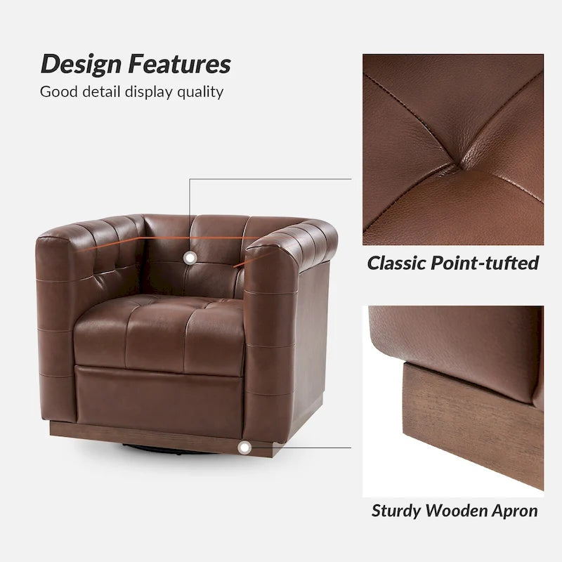 Poltrona Club Girevole Tufted in Vera Pelle Stile Mid-Century Moderno con Base in Legno