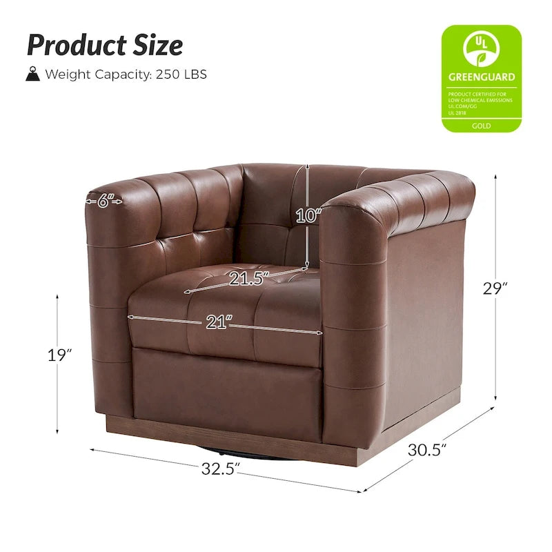 Poltrona Club Girevole Tufted in Vera Pelle Stile Mid-Century Moderno con Base in Legno