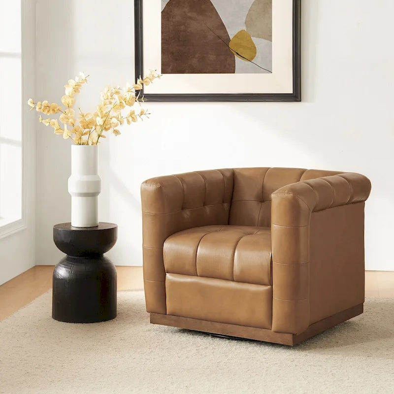 Poltrona Club Girevole Tufted in Vera Pelle Stile Mid-Century Moderno con Base in Legno