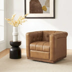 Poltrona Club Girevole Tufted in Vera Pelle Stile Mid-Century Moderno con Base in Legno