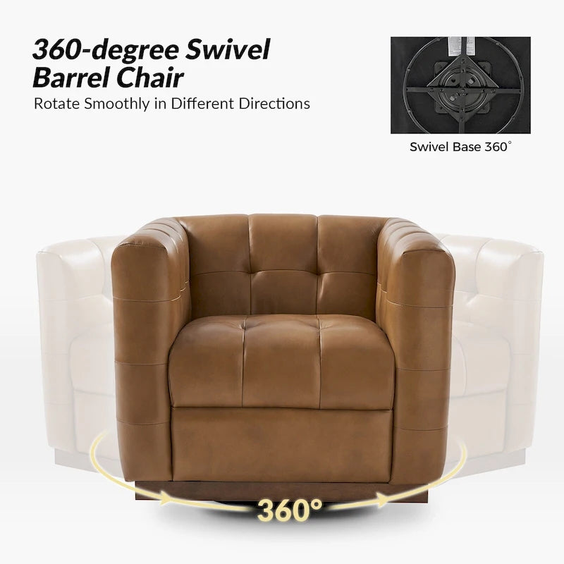 Poltrona Club Girevole Tufted in Vera Pelle Stile Mid-Century Moderno con Base in Legno