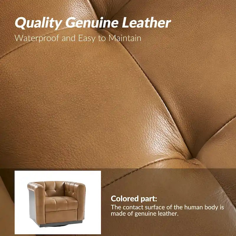 Poltrona Club Girevole Tufted in Vera Pelle Stile Mid-Century Moderno con Base in Legno