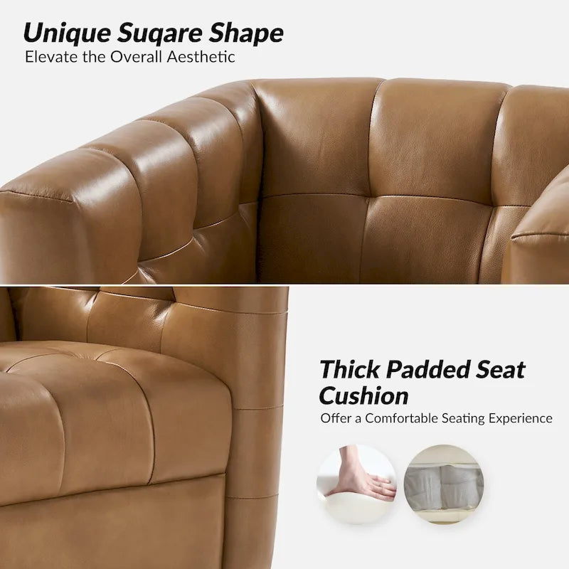 Poltrona Club Girevole Tufted in Vera Pelle Stile Mid-Century Moderno con Base in Legno