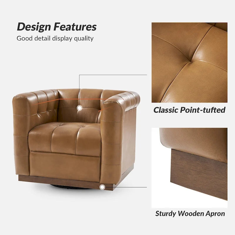 Poltrona Club Girevole Tufted in Vera Pelle Stile Mid-Century Moderno con Base in Legno