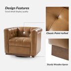 Poltrona Club Girevole Tufted in Vera Pelle Stile Mid-Century Moderno con Base in Legno