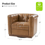 Poltrona Club Girevole Tufted in Vera Pelle Stile Mid-Century Moderno con Base in Legno