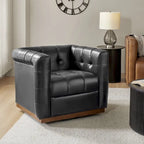 Poltrona Club Girevole Tufted in Vera Pelle Stile Mid-Century Moderno con Base in Legno