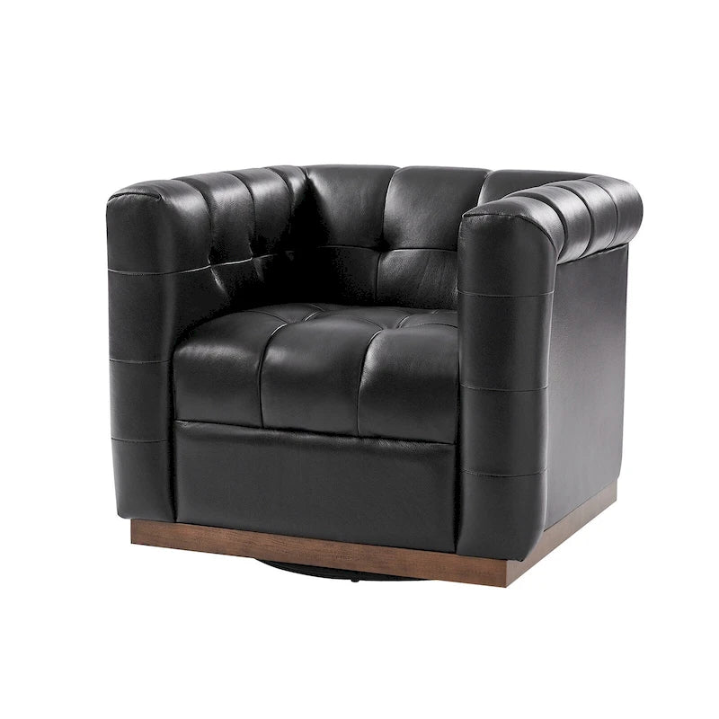 Poltrona Club Girevole Tufted in Vera Pelle Stile Mid-Century Moderno con Base in Legno